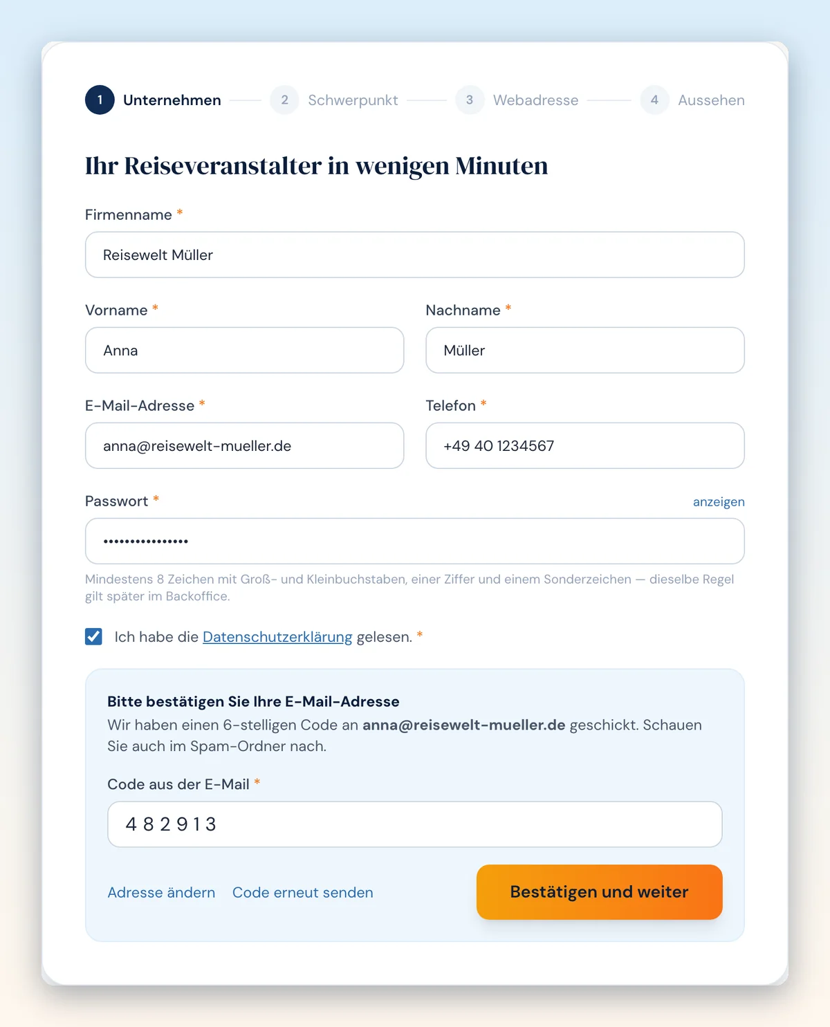 Schritt 1: Firmendaten eingeben und die E-Mail-Adresse mit einem sechsstelligen Code bestätigen