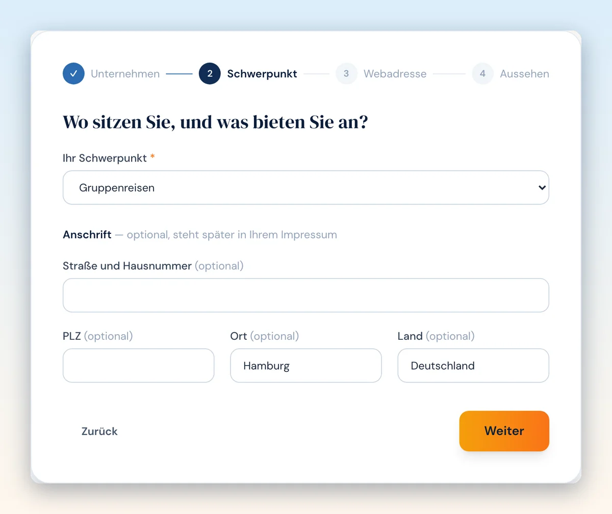 Schritt 2: Schwerpunkt wählen, die Anschrift ist freiwillig