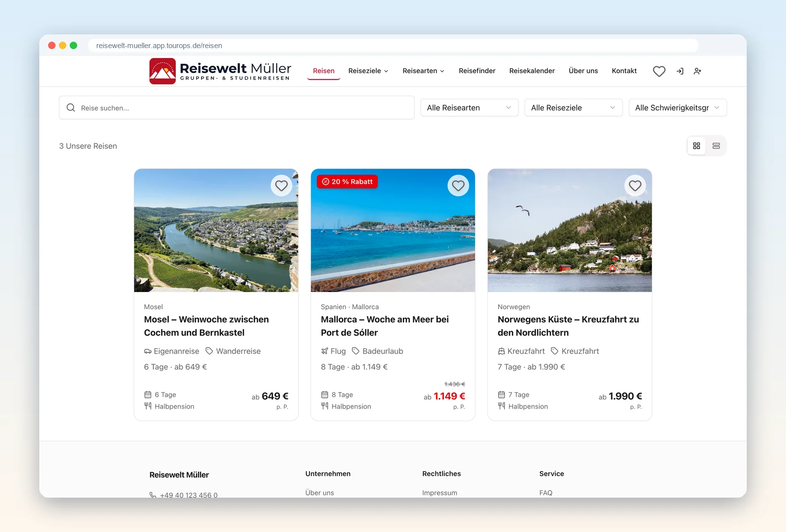 Reiseübersicht im Shop mit den Beispielreisen Mosel, Mallorca und Norwegen