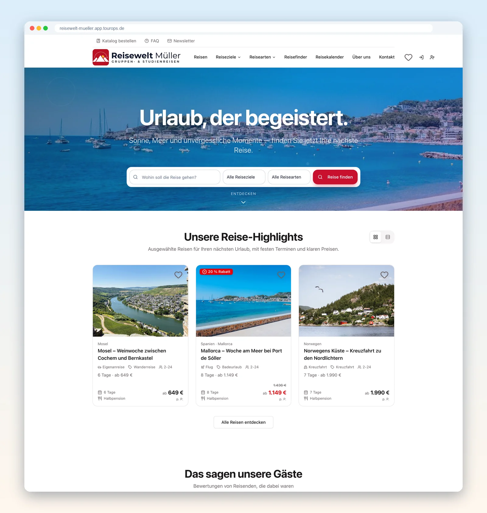 Startseite des Reise-Shops mit Suche nach Reisezielen und Reisearten