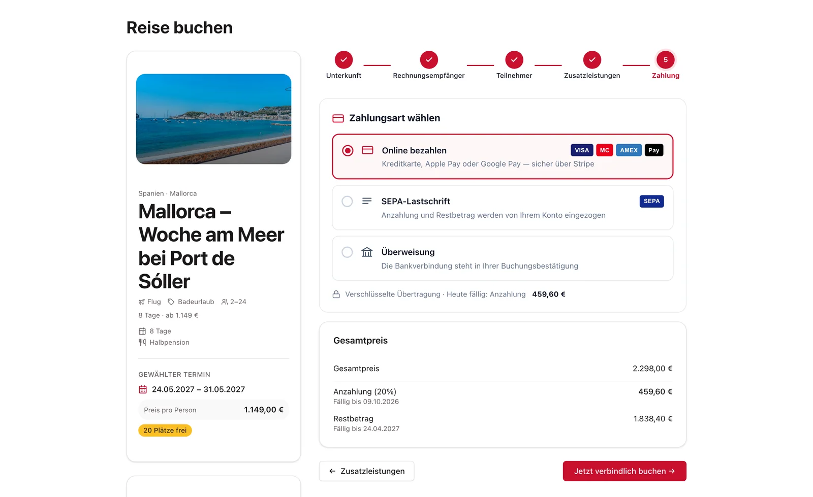 Buchungsstrecke: Ansicht Zahlung