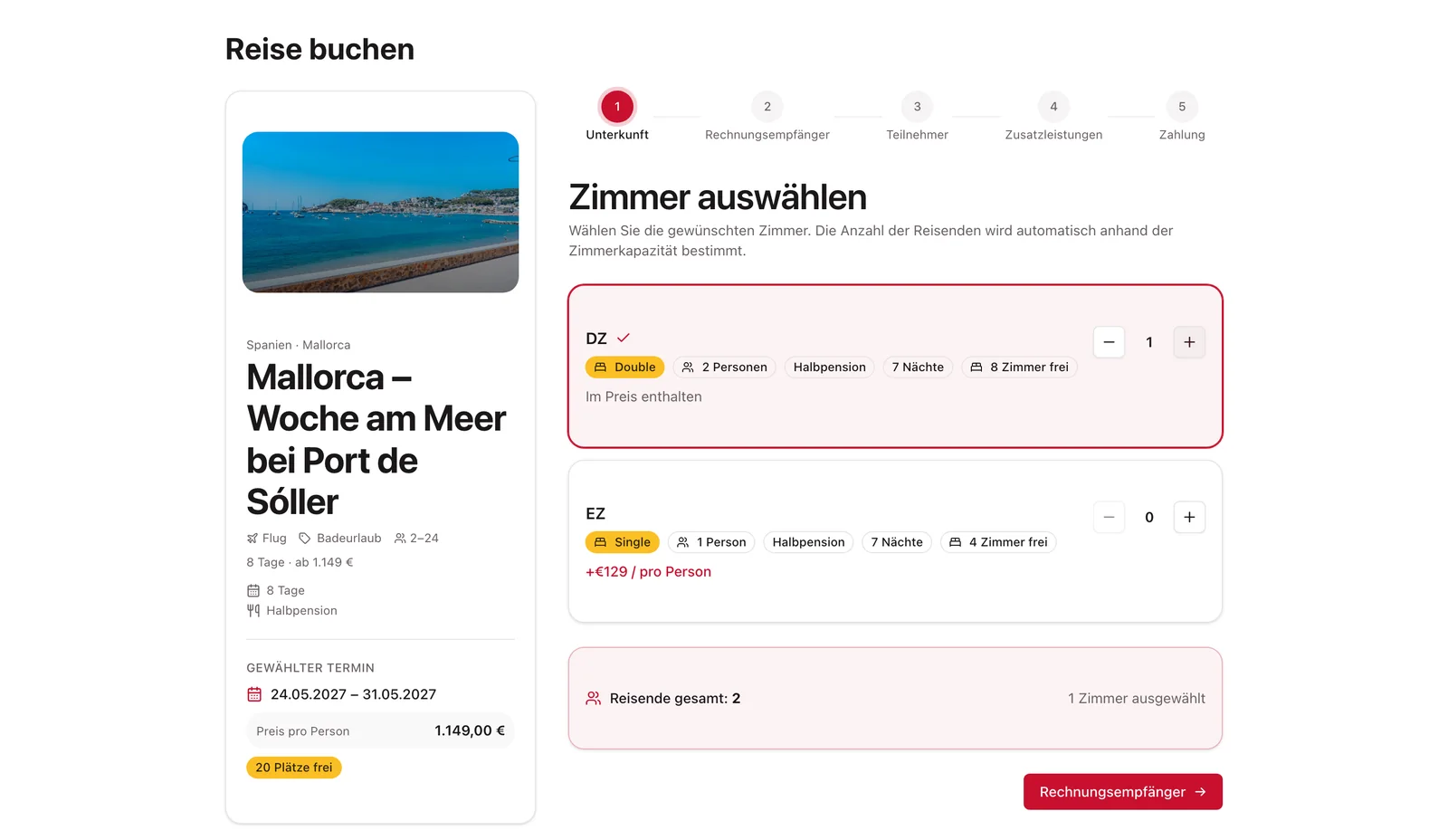 Buchungsstrecke: Ansicht Zimmer wählen