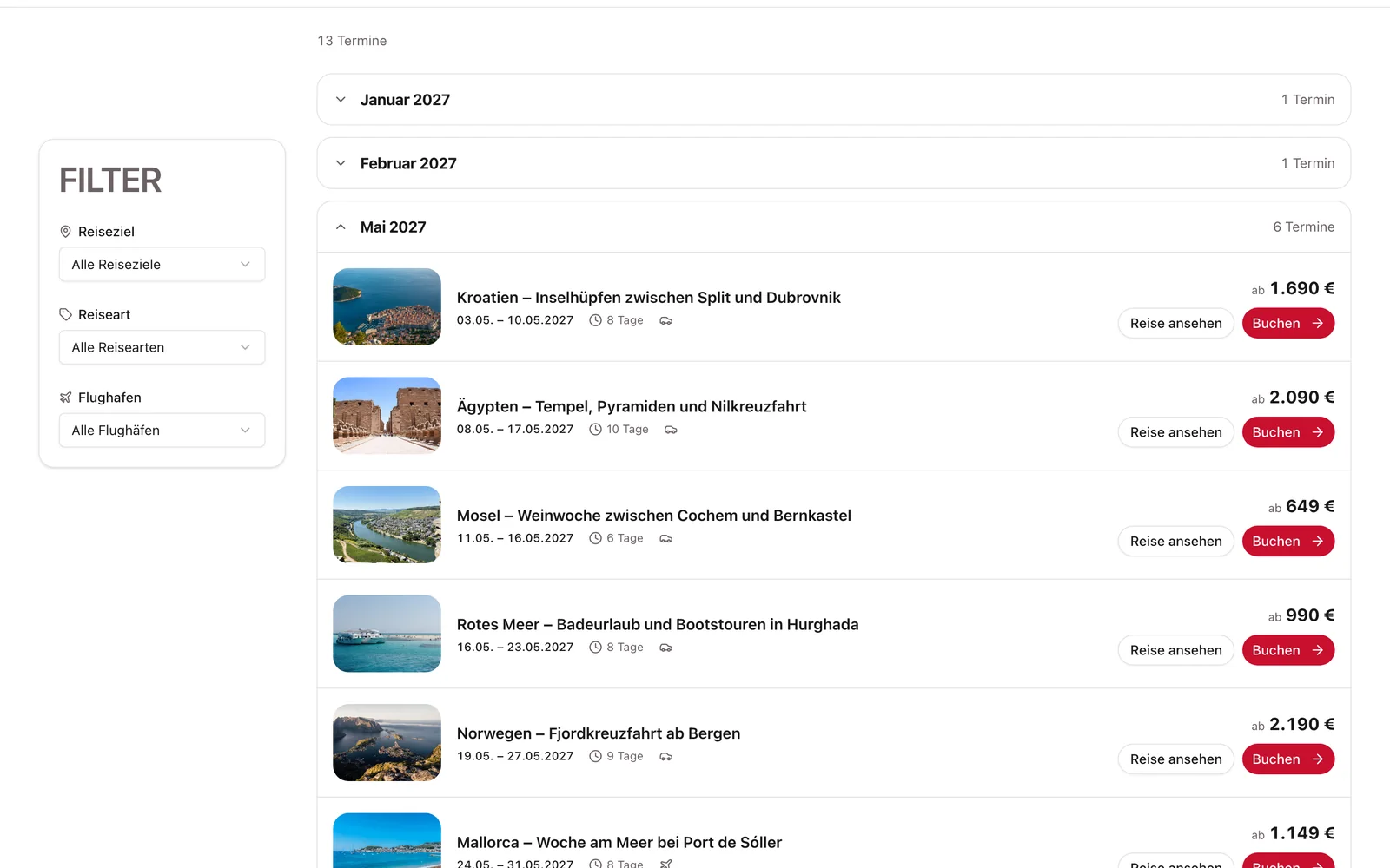 Reisekalender: Ansicht Monatsliste