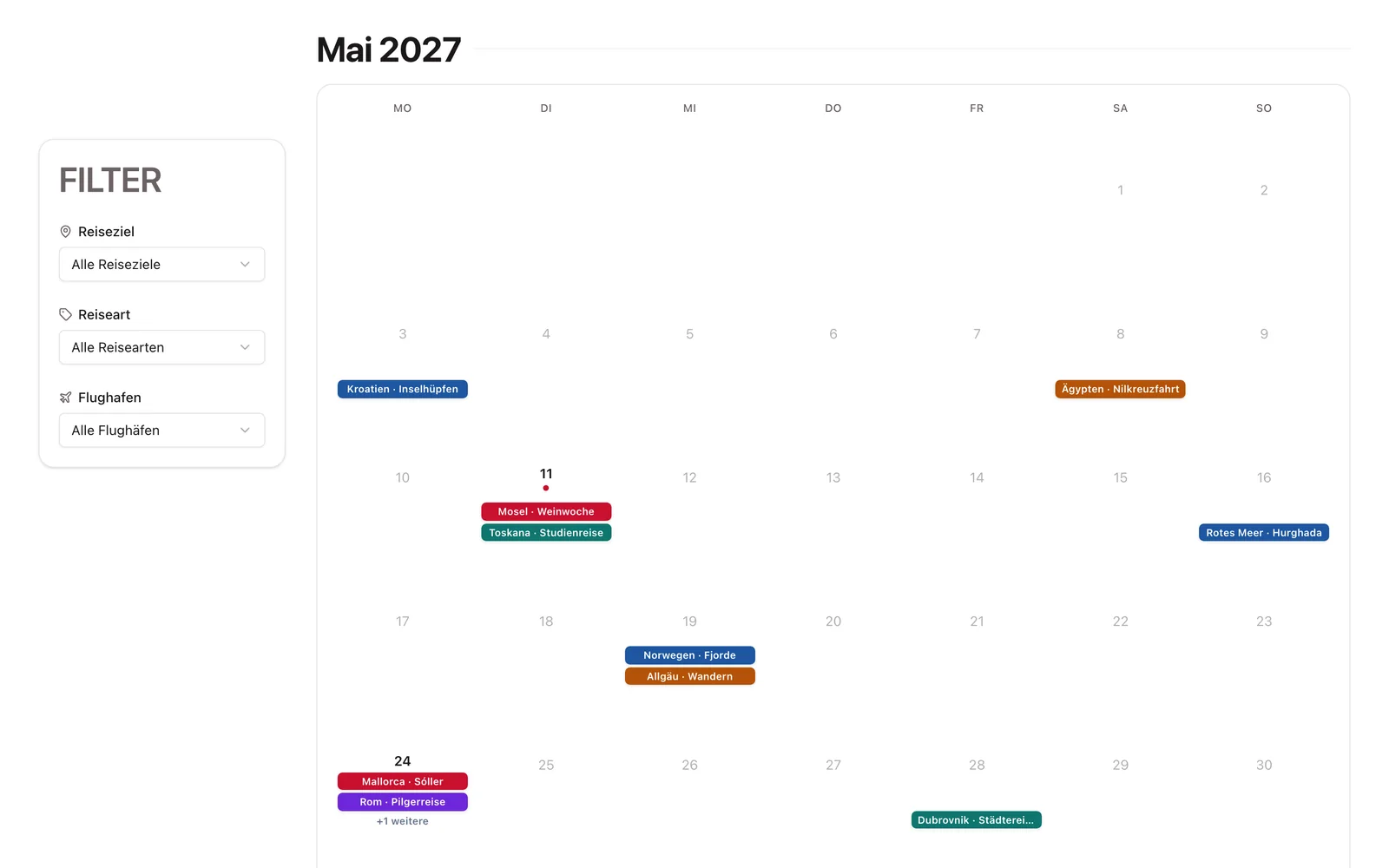 Reisekalender: Ansicht Monatsraster