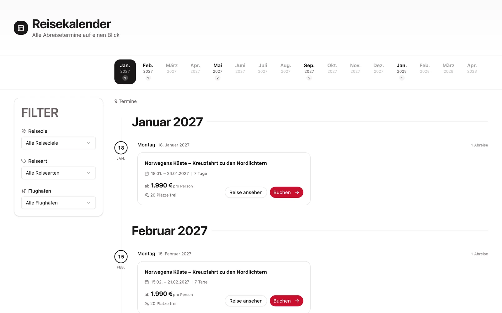 Reisekalender: Ansicht Zeitstrahl