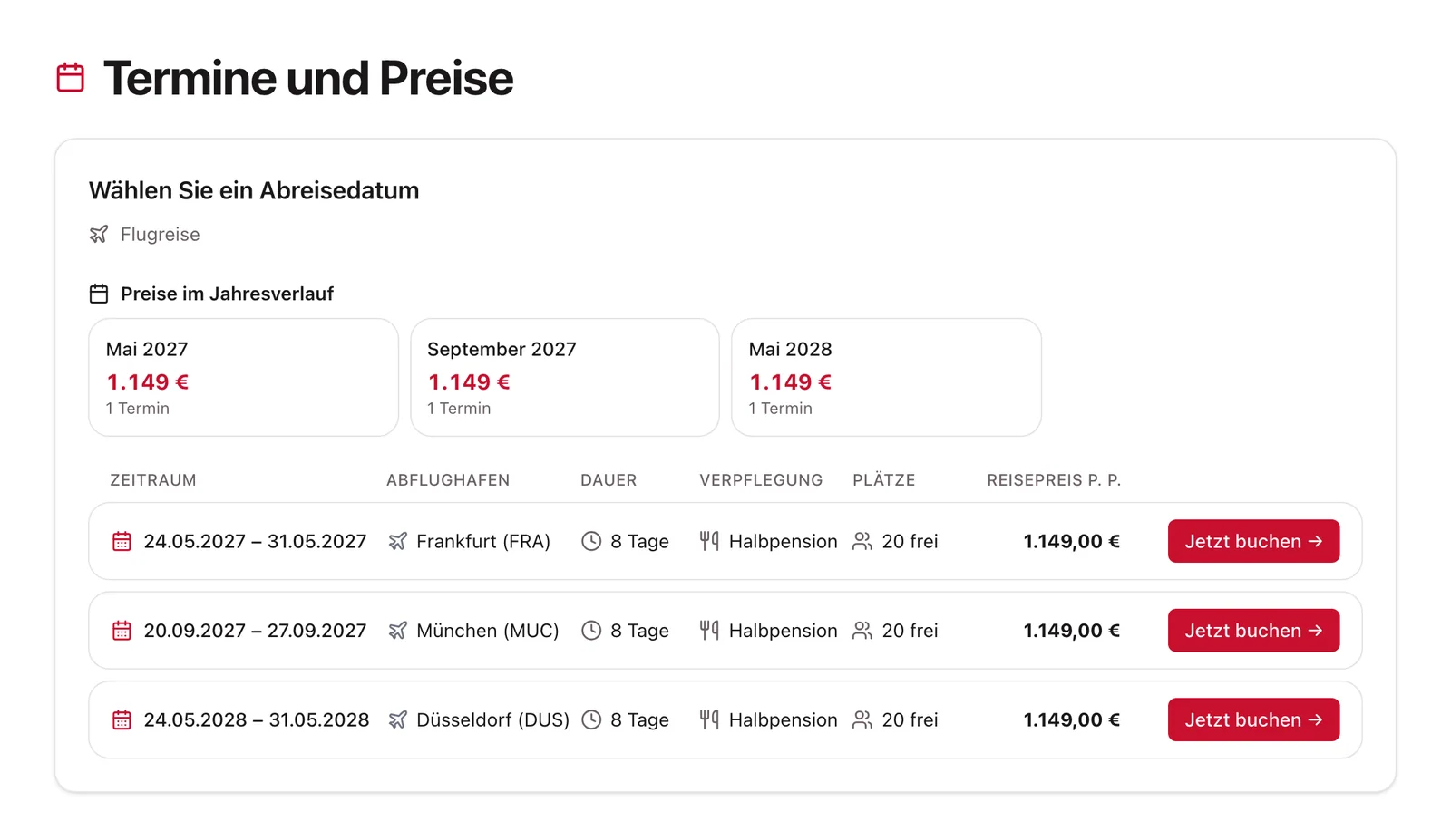 Reiseseite: Ansicht Termine & Preise