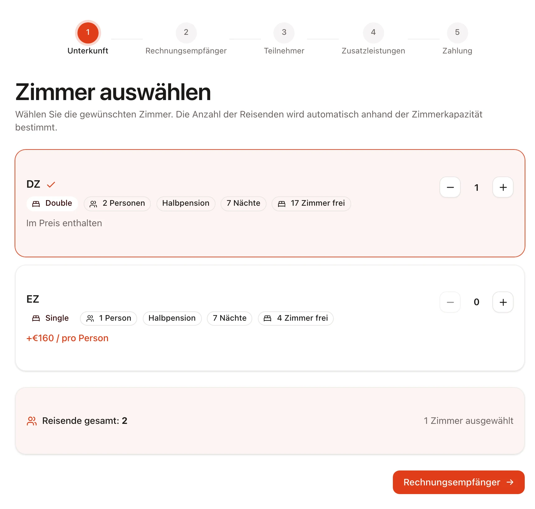 Sportreisen: Buchungsstrecke einer Beispielreise