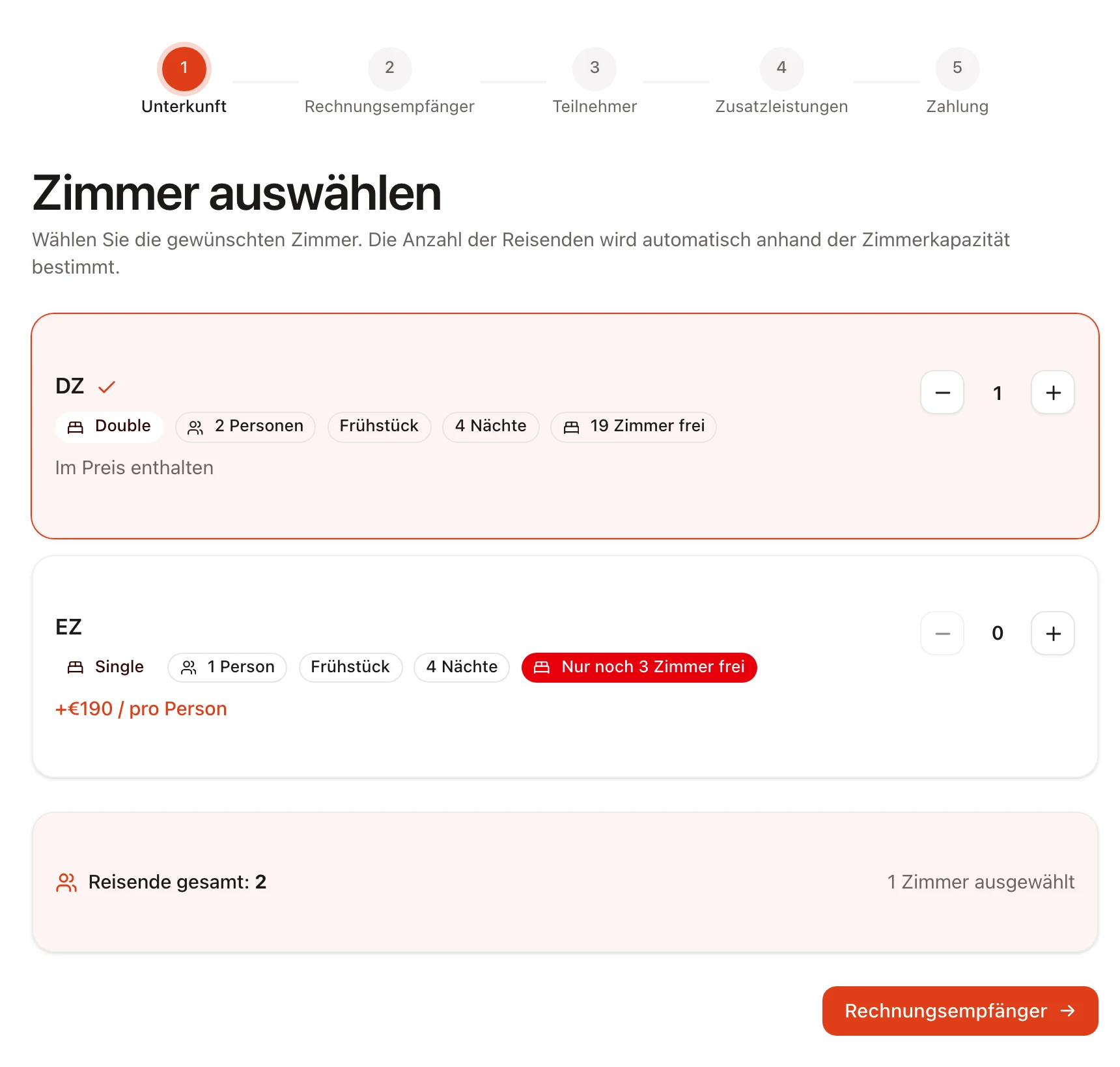 Vereinsreisen: Buchungsstrecke einer Beispielreise