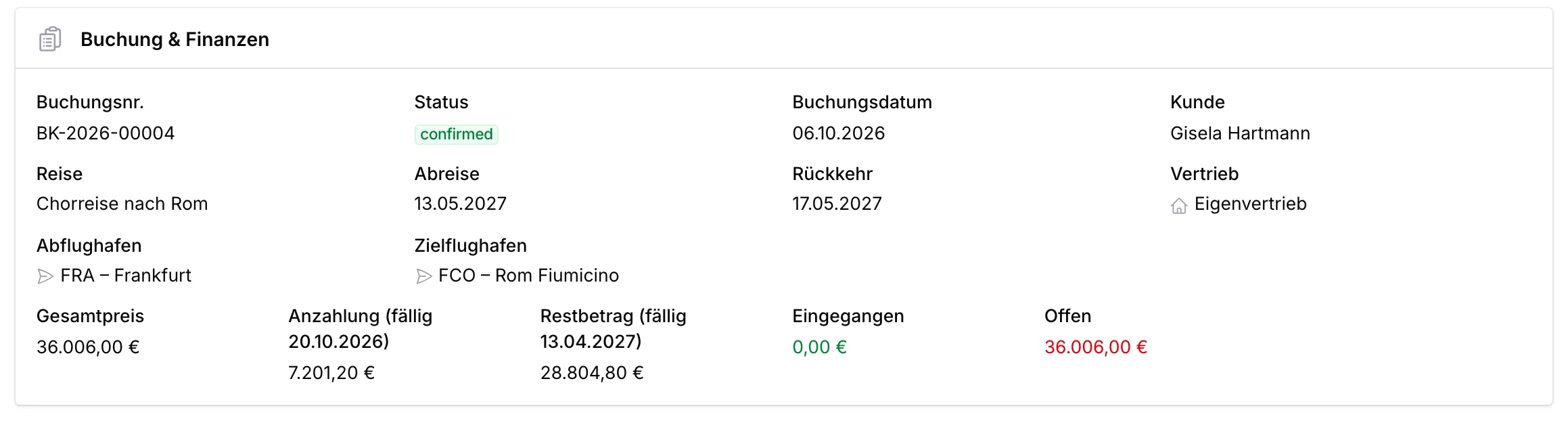 Anzahlung, Restzahlung, Storno im TourOps-Backoffice